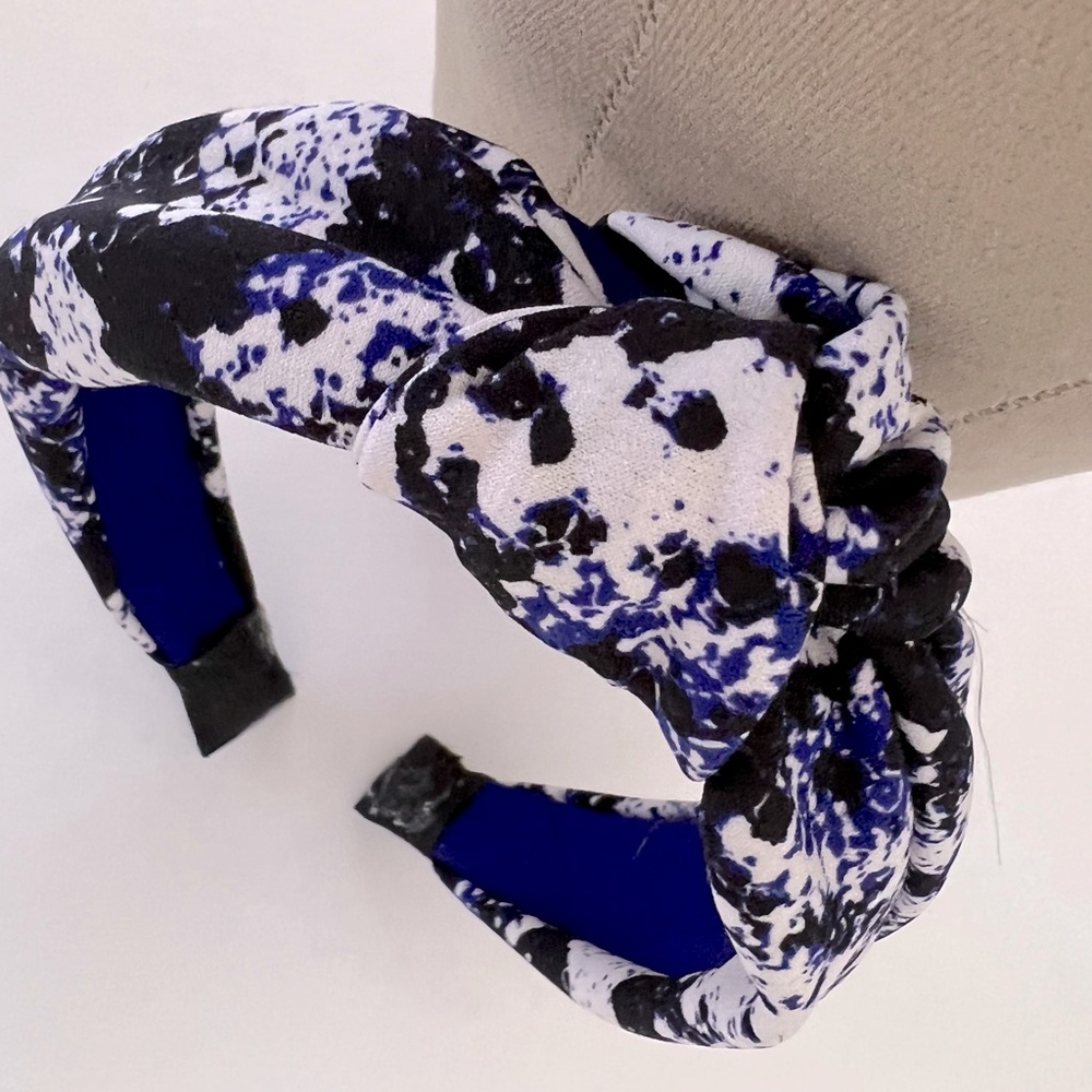 Royal blue and white fabric knotted turban headband